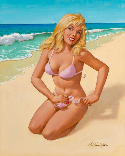 {{ product_title }} Fine Art Print | {{ product_vendor }} Jakero77 Arthur Sarnoff - Blonde Pin-Up Girl Pink Bikini Beach Signed - 17"x22" Art Print Art Print  Jakero77