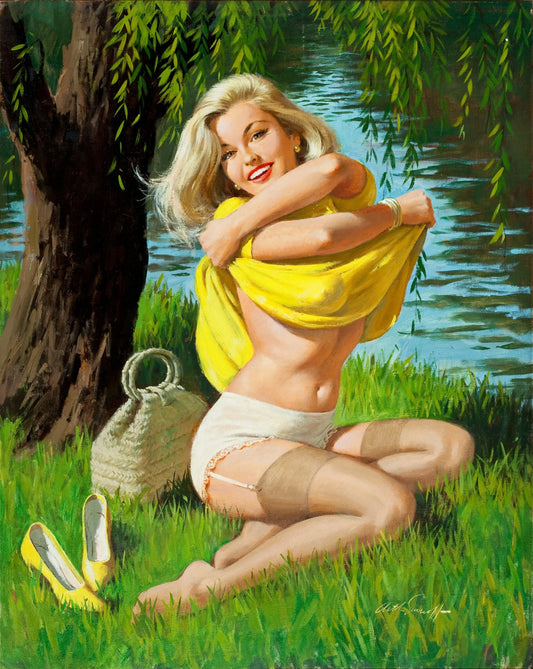 {{ product_title }} Fine Art Print | {{ product_vendor }} Jakero77 Arthur Sarnoff - Blonde Pin-Up Girl in Yellow 1960s Signed - 17" x 22" Art Print Art Print  Jakero77