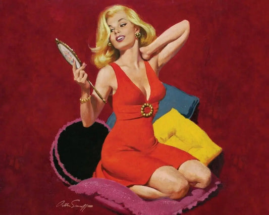 {{ product_title }} Fine Art Print | {{ product_vendor }} Jakero77 Arthur Sarnoff - Blonde Pin-Up Girl on Pillows 1960s Signed - 17"x22" Art Print Art Print  Jakero77