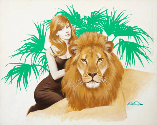 {{ product_title }} Fine Art Print | {{ product_vendor }} Jakero77 Arthur Sarnoff - Blonde Pin-Up Girl with Lion 1960s Signed - 17" x 22" Art Print Art Print  Jakero77