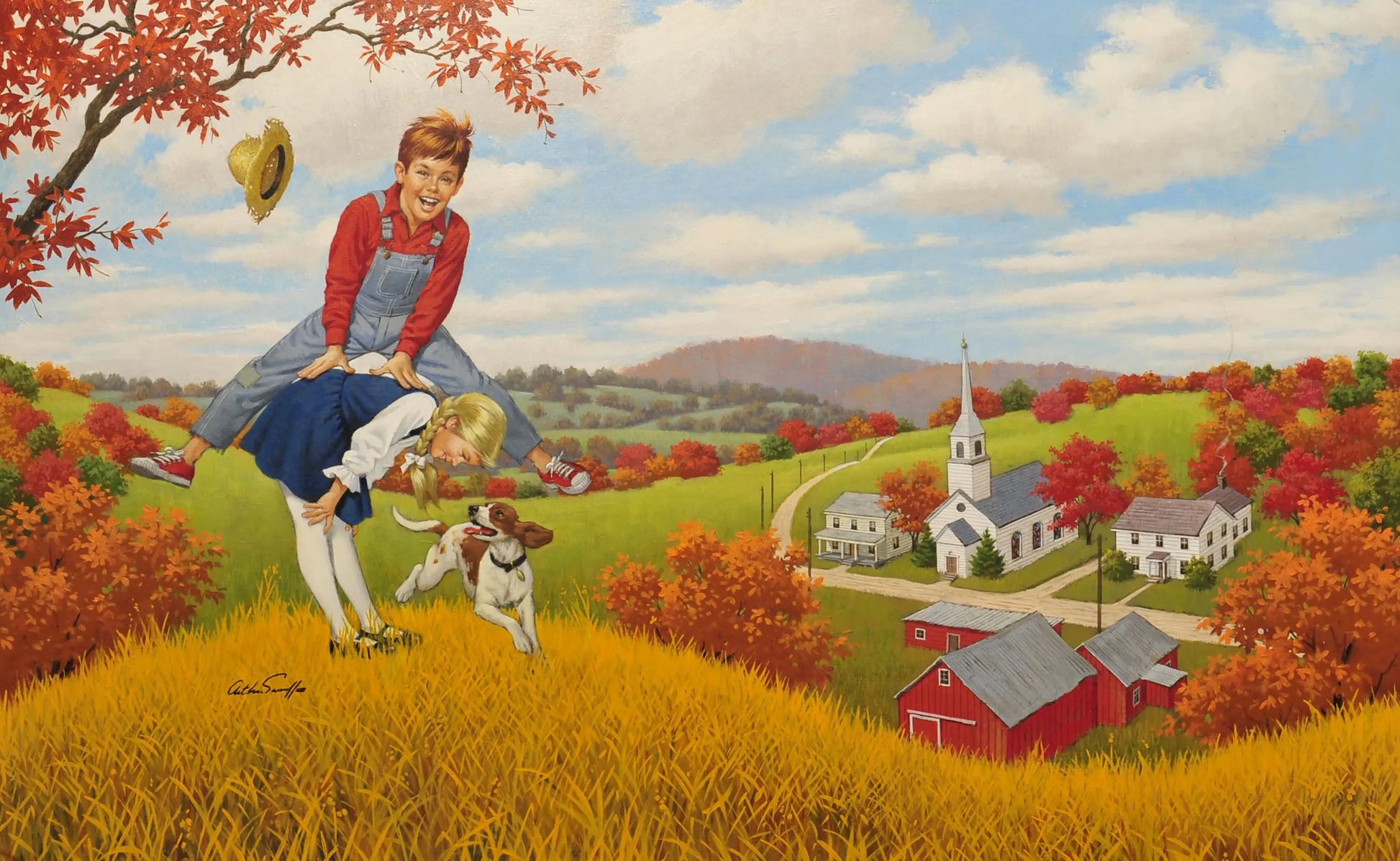 {{ product_title }} Fine Art Print | {{ product_vendor }} Jakero77 Arthur Sarnoff - Boy & Girl Play Leapfrog by Church 1950s Signed - 17"x22" Print Art Print  Jakero77