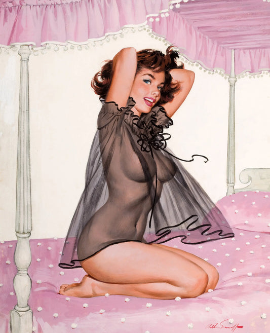 {{ product_title }} Fine Art Print | {{ product_vendor }} Jakero77 Arthur Sarnoff - Brunette Pin-Up Girl Black Sheer Neglige Pink Bed 1950s Signed - 17"x22" Fine Art Print Art Print  Jakero77