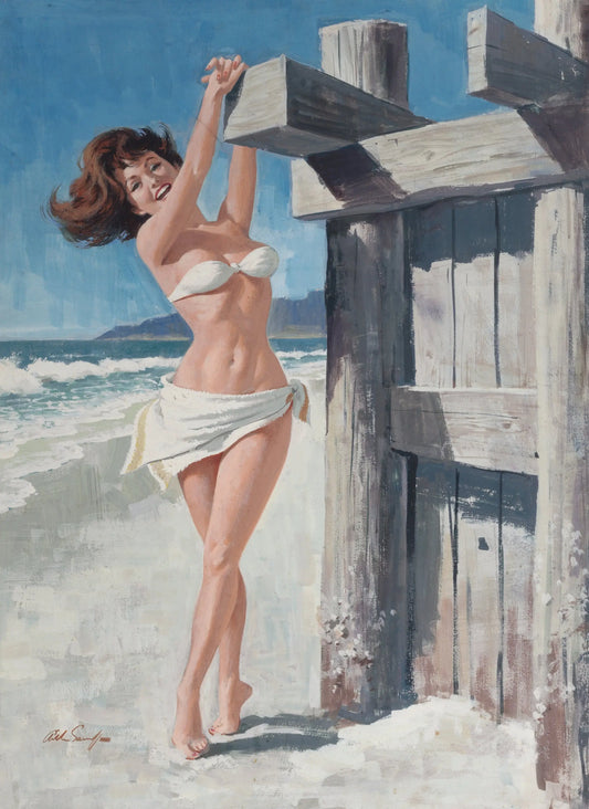 {{ product_title }} Fine Art Print | {{ product_vendor }} Jakero77 Arthur Sarnoff - Brunette Pin-Up Girl White Bikini Beach 1950s Signed - 17" x 22" Fine Art Print Art Print  Jakero77