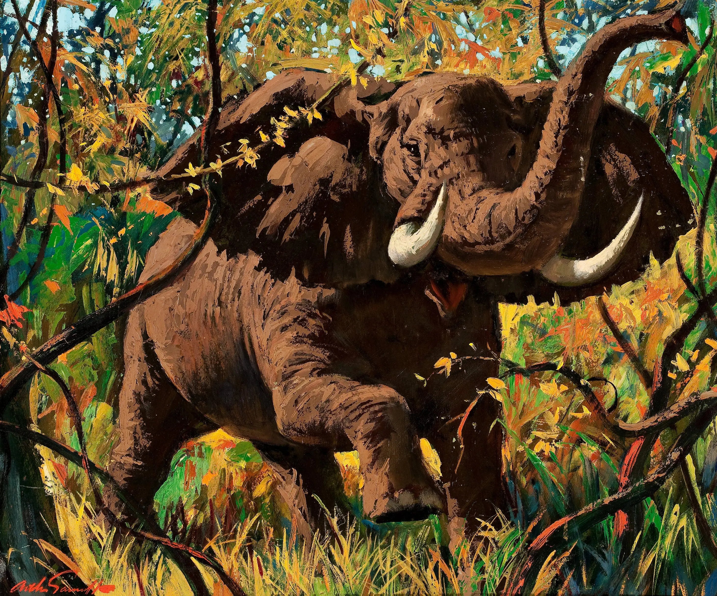 {{ product_title }} Fine Art Print | {{ product_vendor }} Jakero77 Arthur Sarnoff - Charging Bull Elephant 1960s Signed - 17" x 22" Fine Art Print Art Print  Jakero77