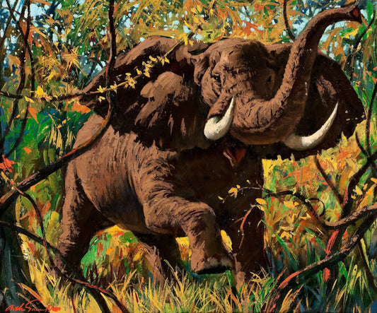 {{ product_title }} Fine Art Print | {{ product_vendor }} Jakero77 Arthur Sarnoff - Charging Bull Elephant 1960s Signed - 17" x 22" Fine Art Print Art Print  Jakero77