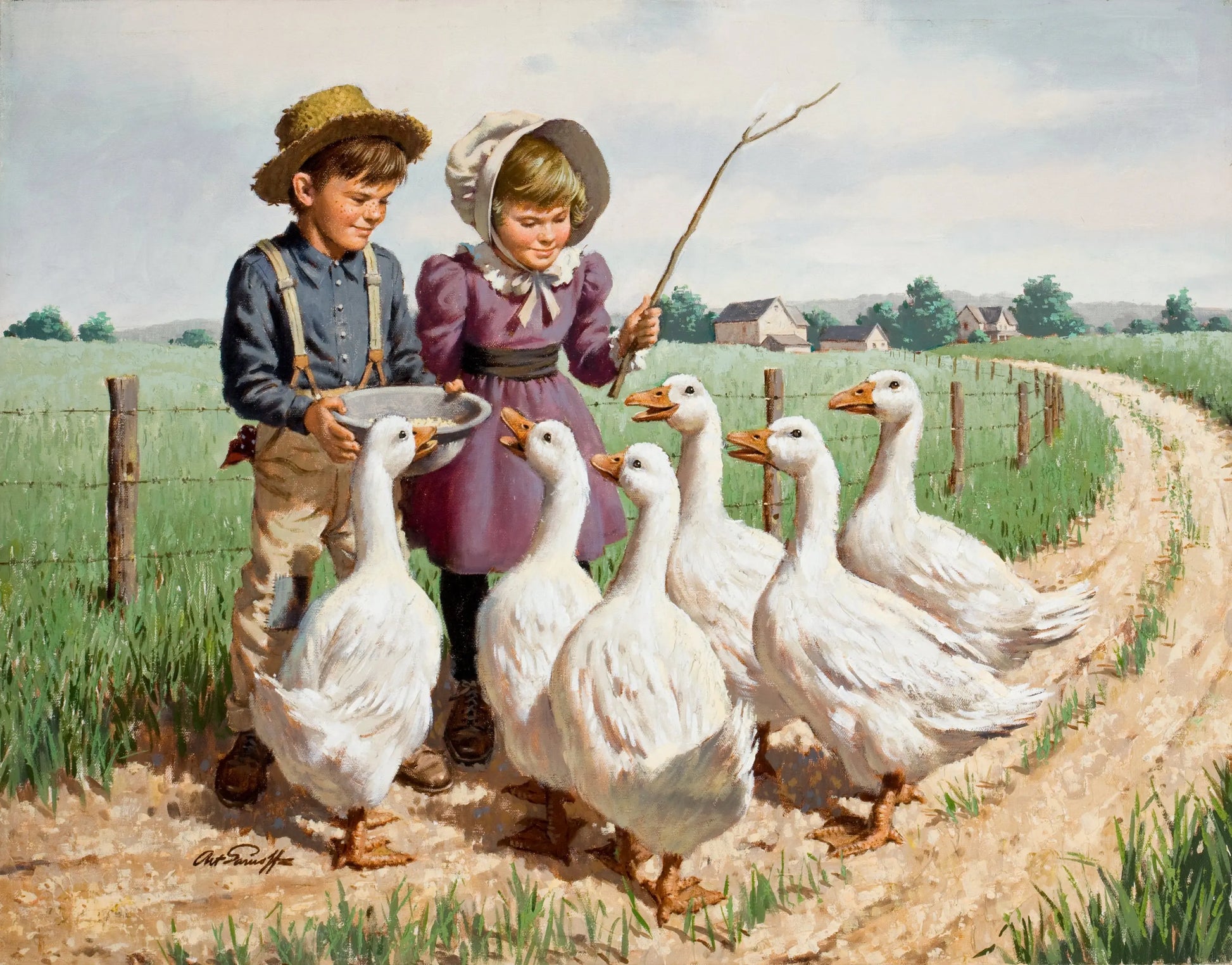 {{ product_title }} Fine Art Print | {{ product_vendor }} Jakero77 Arthur Sarnoff - Children Feeding Geese 1950s Signed - 17" x 22" Fine Art Print Art Print  Jakero77
