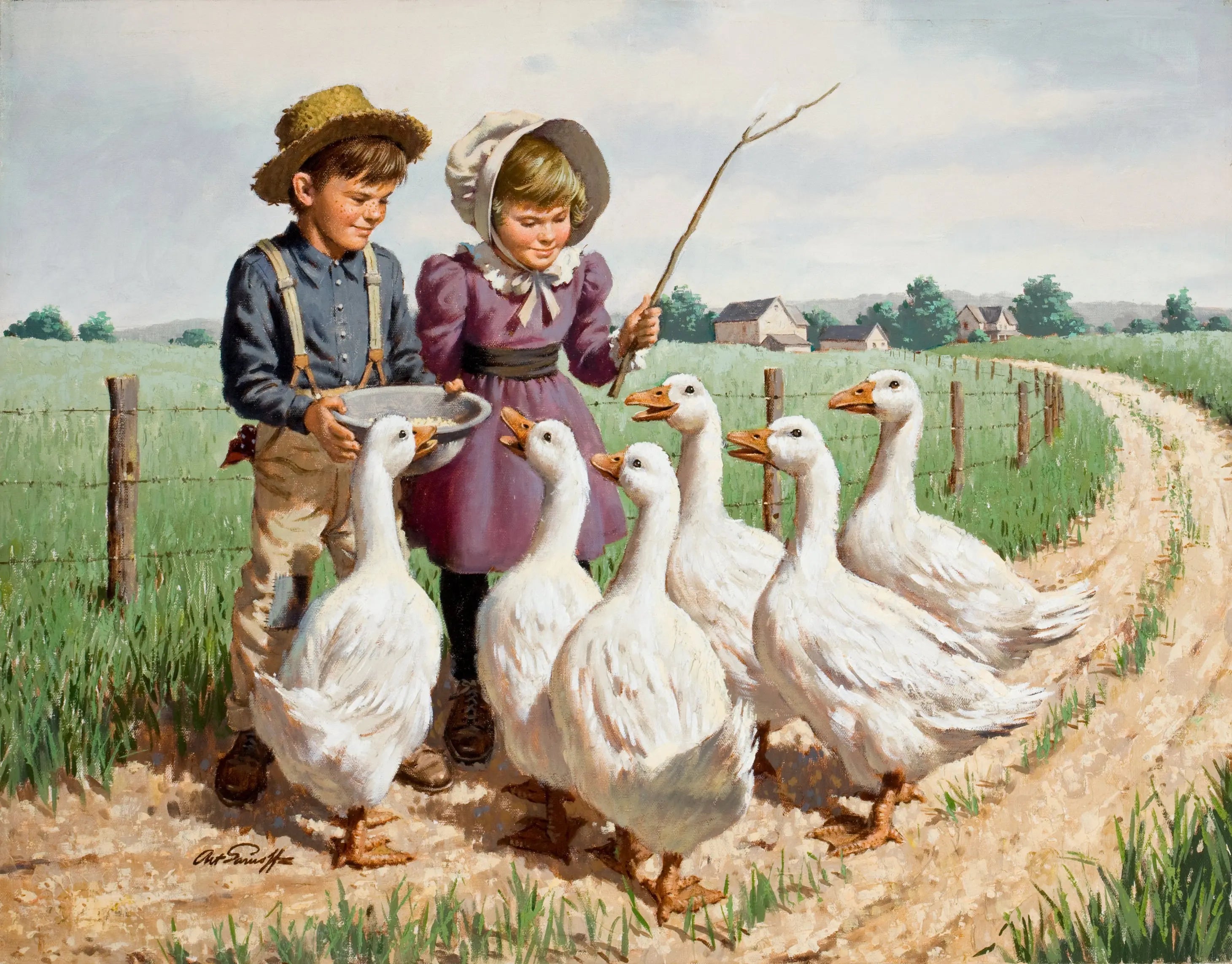 {{ product_title }} Fine Art Print | {{ product_vendor }} Jakero77 Arthur Sarnoff - Children Feeding Geese 1950s Signed - 17" x 22" Fine Art Print Art Print  Jakero77