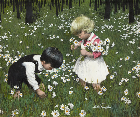 {{ product_title }} Fine Art Print | {{ product_vendor }} Jakero77 Arthur Sarnoff - Children in Daisy Field 1950s Signed - 17" x 22" Fine Art Print Art Print  Jakero77