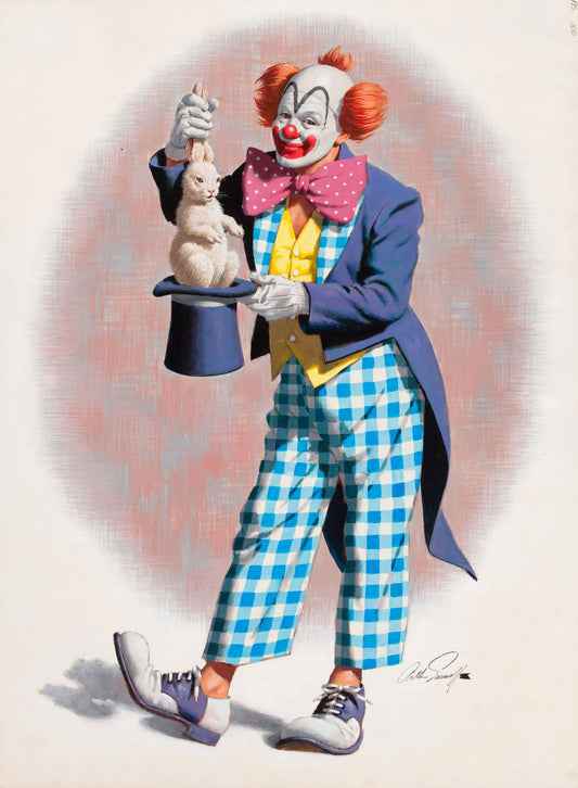 {{ product_title }} Fine Art Print | {{ product_vendor }} Jakero77 Arthur Sarnoff - Clown Magician Pulls Rabbit From Hat 1950s Signed - 17"x22" Print Art Print  Jakero77