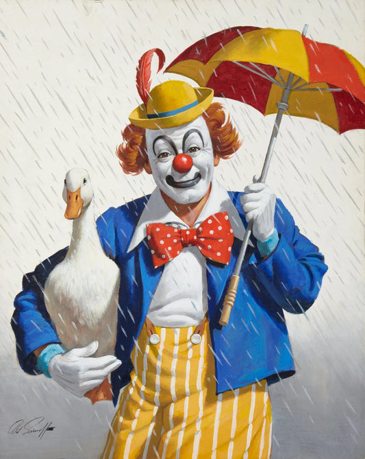 {{ product_title }} Fine Art Print | {{ product_vendor }} Jakero77 Arthur Sarnoff - Clown with a Duck in the Rain 1950 Signed - 17" x 22" Art Print Art Print  Jakero77