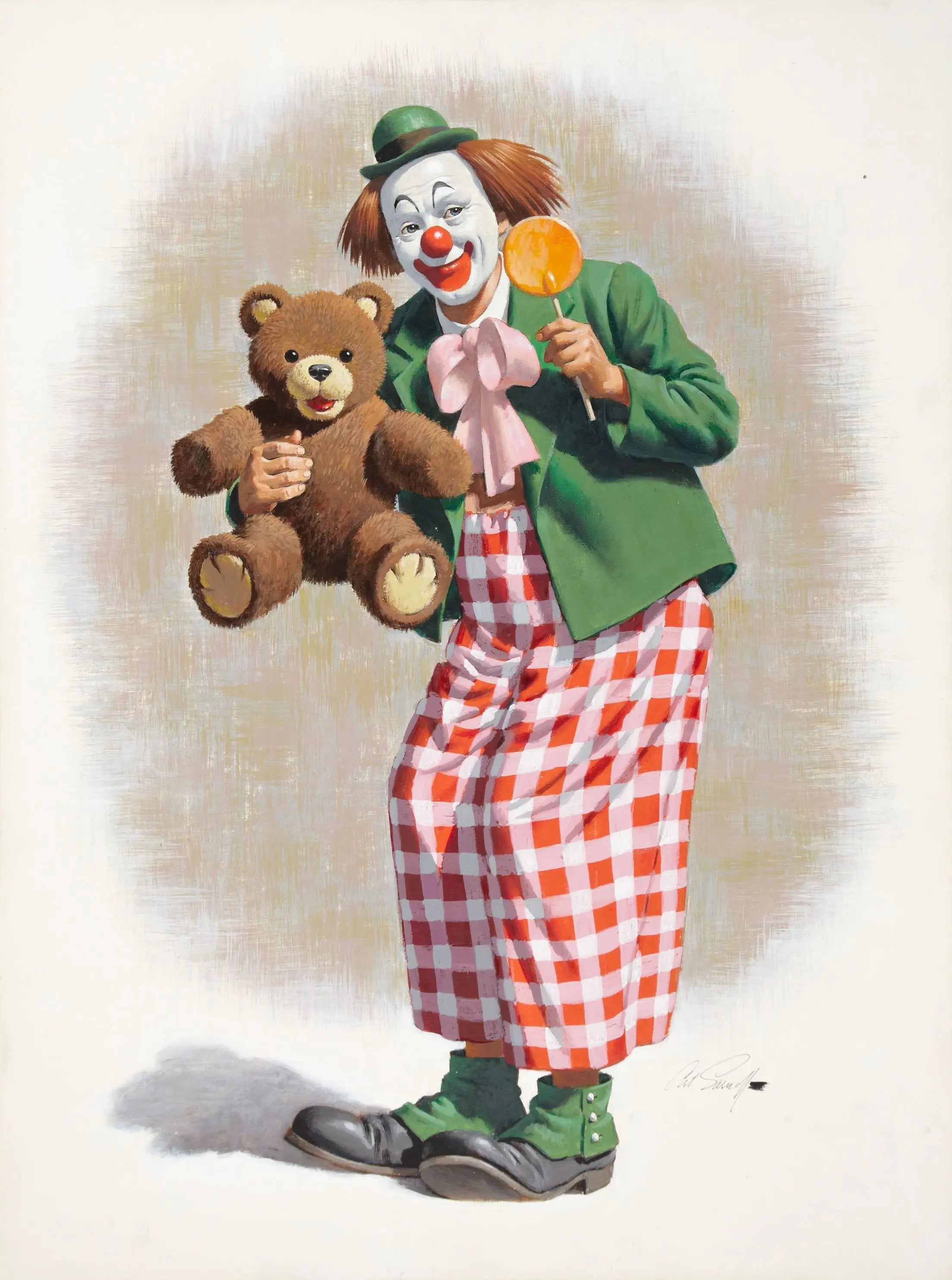 {{ product_title }} Fine Art Print | {{ product_vendor }} Jakero77 Arthur Sarnoff - Clown with a Teddy Bear 1950s Signed - 17" x 22" Fine Art Print Art Print  Jakero77