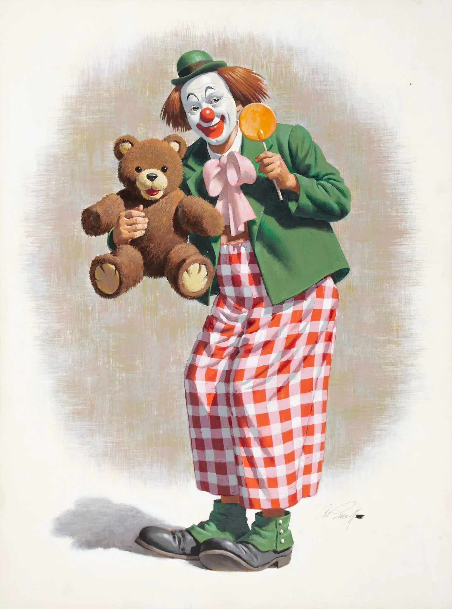 {{ product_title }} Fine Art Print | {{ product_vendor }} Jakero77 Arthur Sarnoff - Clown with a Teddy Bear 1950s Signed - 17" x 22" Fine Art Print Art Print  Jakero77