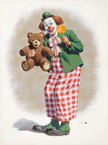 {{ product_title }} Fine Art Print | {{ product_vendor }} Jakero77 Arthur Sarnoff - Clown with a Teddy Bear 1950s Signed - 17" x 22" Fine Art Print Art Print  Jakero77