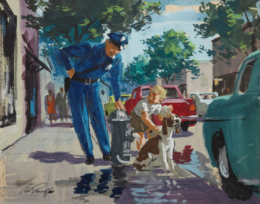 {{ product_title }} Fine Art Print | {{ product_vendor }} Jakero77 Arthur Sarnoff - Cop Talking to Young Boy with Dog 1950s Signed - 17" x 22" Print Art Print  Jakero77