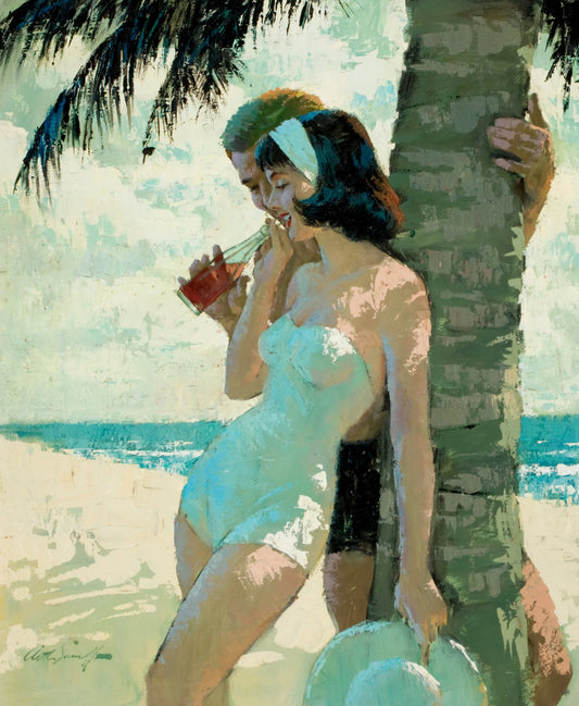 {{ product_title }} Fine Art Print | {{ product_vendor }} Jakero77 Arthur Sarnoff - Couple Flirting Under Palm Tree 1950s Signed - 17" x 22" Print Art Print  Jakero77