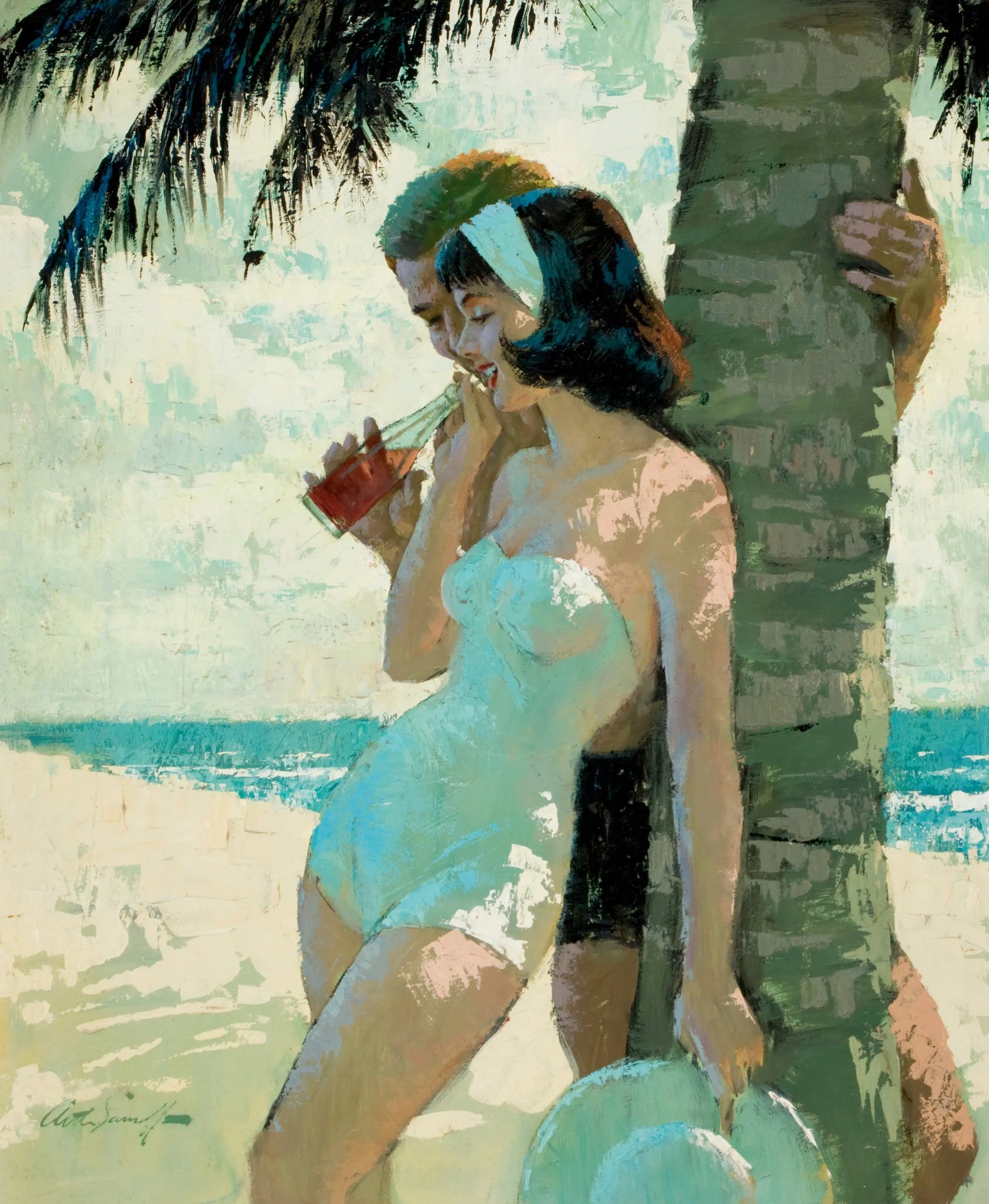 {{ product_title }} Fine Art Print | {{ product_vendor }} Jakero77 Arthur Sarnoff - Couple Flirting Under Palm Tree 1950s Signed - 17" x 22" Print Art Print  Jakero77