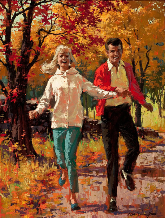 {{ product_title }} Fine Art Print | {{ product_vendor }} Jakero77 Arthur Sarnoff - Couple in Autumn Woods Romantic 1950s Signed - 17" x 22" Fine Art Print Art Print  Jakero77