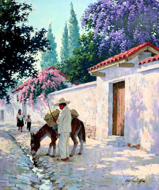 {{ product_title }} Fine Art Print | {{ product_vendor }} Jakero77 Arthur Sarnoff - Cuernavaca in Full Bloom Donkey 1950s Signed - 17" x 22" Print Art Print  Jakero77