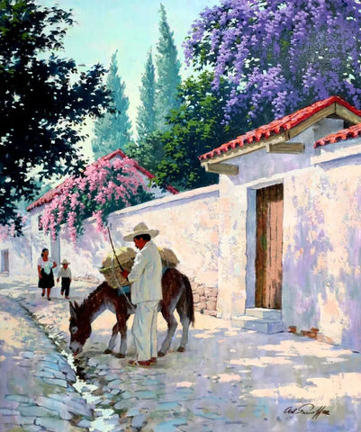 {{ product_title }} Fine Art Print | {{ product_vendor }} Jakero77 Arthur Sarnoff - Cuernavaca in Full Bloom Donkey 1950s Signed - 17" x 22" Print Art Print  Jakero77