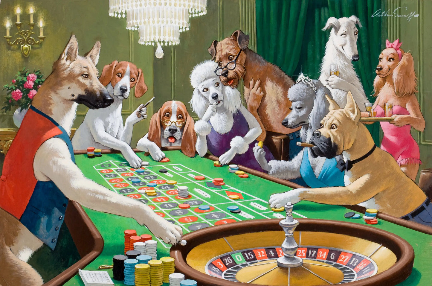 {{ product_title }} Fine Art Print | {{ product_vendor }} Jakero77 Arthur Sarnoff - Dogs Playing Roulette Gambling 1960s Signed - 17"x22" Art Print Art Print  Jakero77