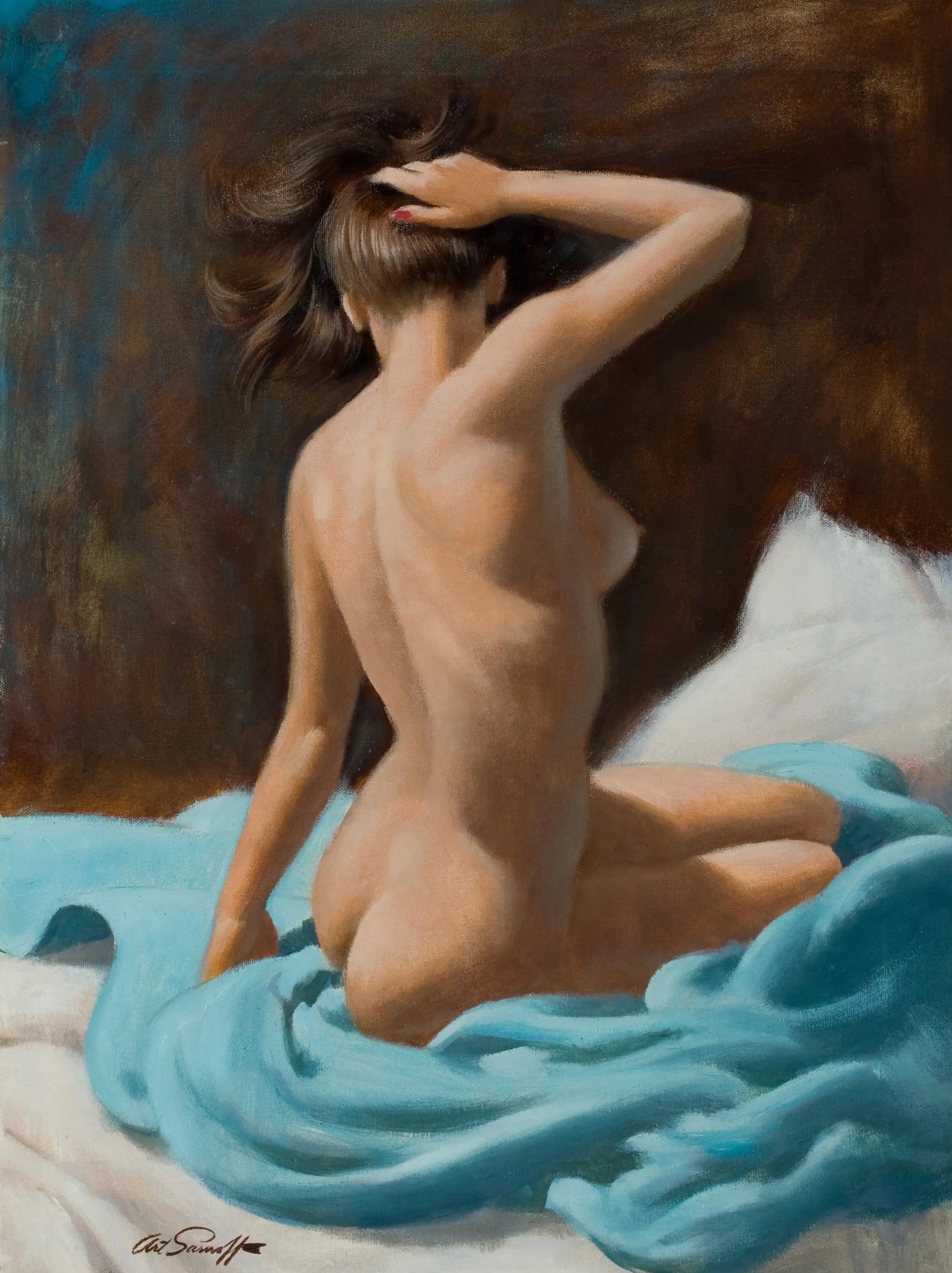 {{ product_title }} Fine Art Print | {{ product_vendor }} Jakero77 Arthur Sarnoff - Early Riser Nude Pin-Up Girl in Bed 1950s Signed - 17"x22" Print Art Print  Jakero77