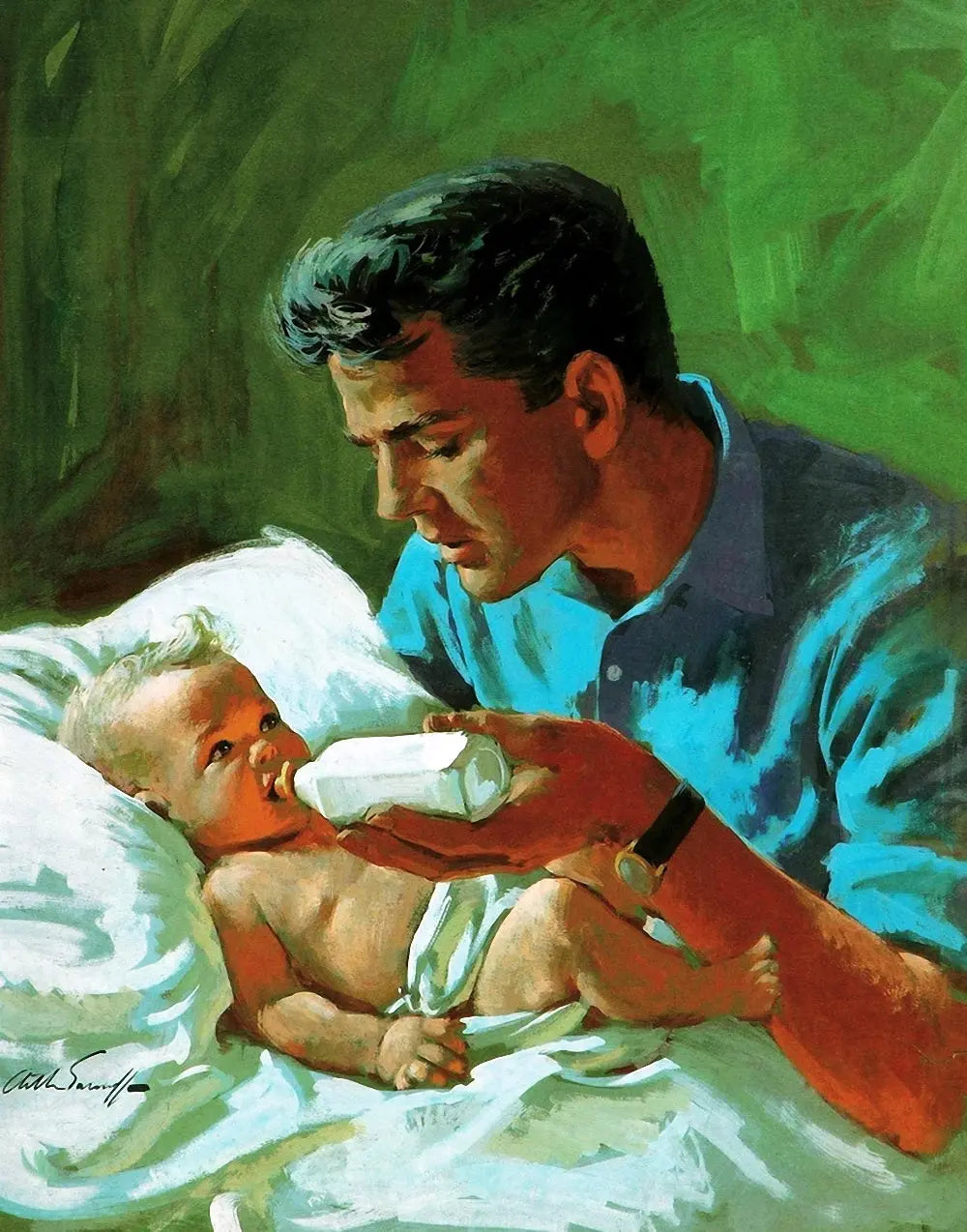 {{ product_title }} Fine Art Print | {{ product_vendor }} Jakero77 Arthur Sarnoff - Father Feeding Baby (1955) Signed - 17" x 22" Fine Art Print Art Print  Jakero77