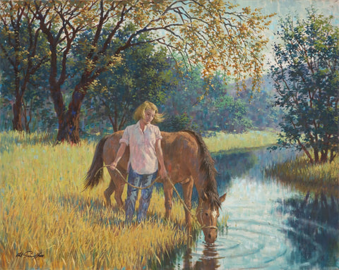 {{ product_title }} Fine Art Print | {{ product_vendor }} Jakero77 Arthur Sarnoff - Fill 'Er Up Woman & Horse 1960s Signed - 17"x22" Fine Art Print Art Print  Jakero77