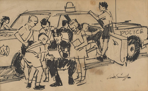 {{ product_title }} Fine Art Print | {{ product_vendor }} Jakero77 Arthur Sarnoff - Friendly Policeman with Kids 1950s Signed - 17" x 22" Art Print Art Print  Jakero77
