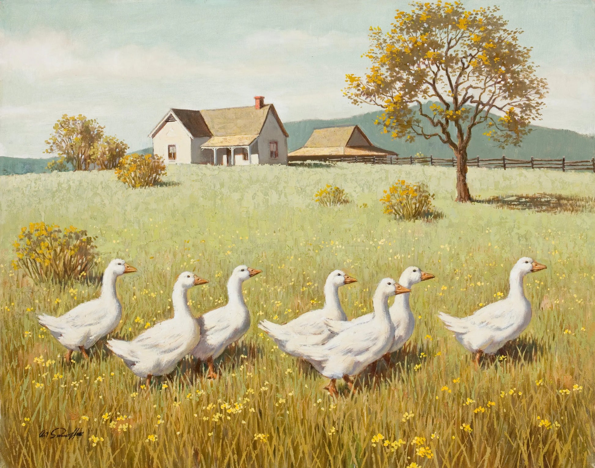{{ product_title }} Fine Art Print | {{ product_vendor }} Jakero77 Arthur Sarnoff - Gaggle of Geese on Farm (1950s) Signed - 17"x22" Fine Art Print Art Print  Jakero77