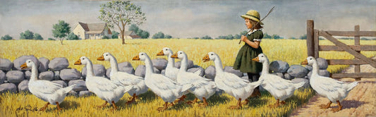 {{ product_title }} Fine Art Print | {{ product_vendor }} Jakero77 Arthur Sarnoff - Girl With Geese on Farm 1950s Signed - 17" x 22" Fine Art Print Art Print  Jakero77