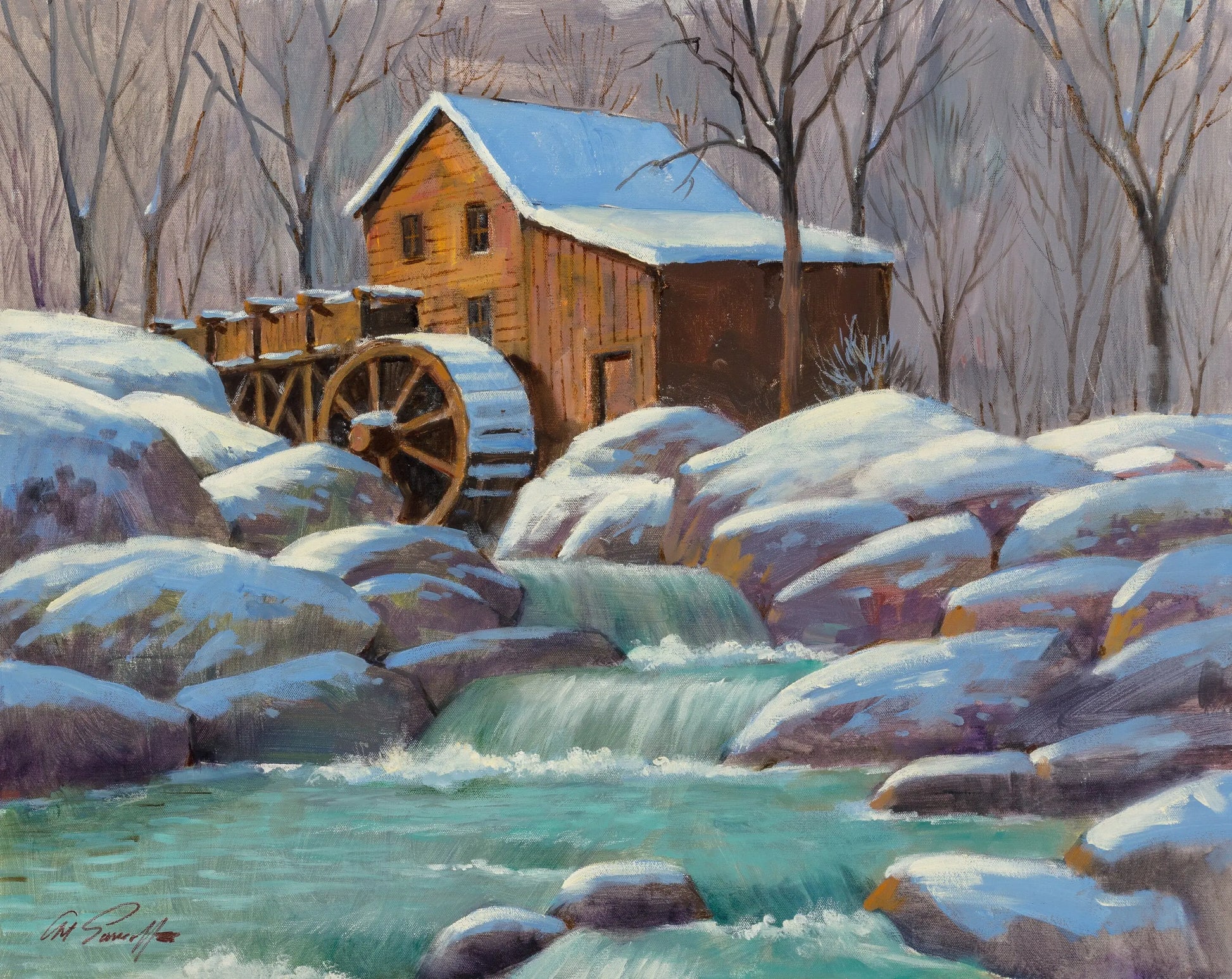 {{ product_title }} Fine Art Print | {{ product_vendor }} Jakero77 Arthur Sarnoff - Grist Mill Water Wheel Winter 1940s Signed - 17"x22" Art Print Art Print  Jakero77