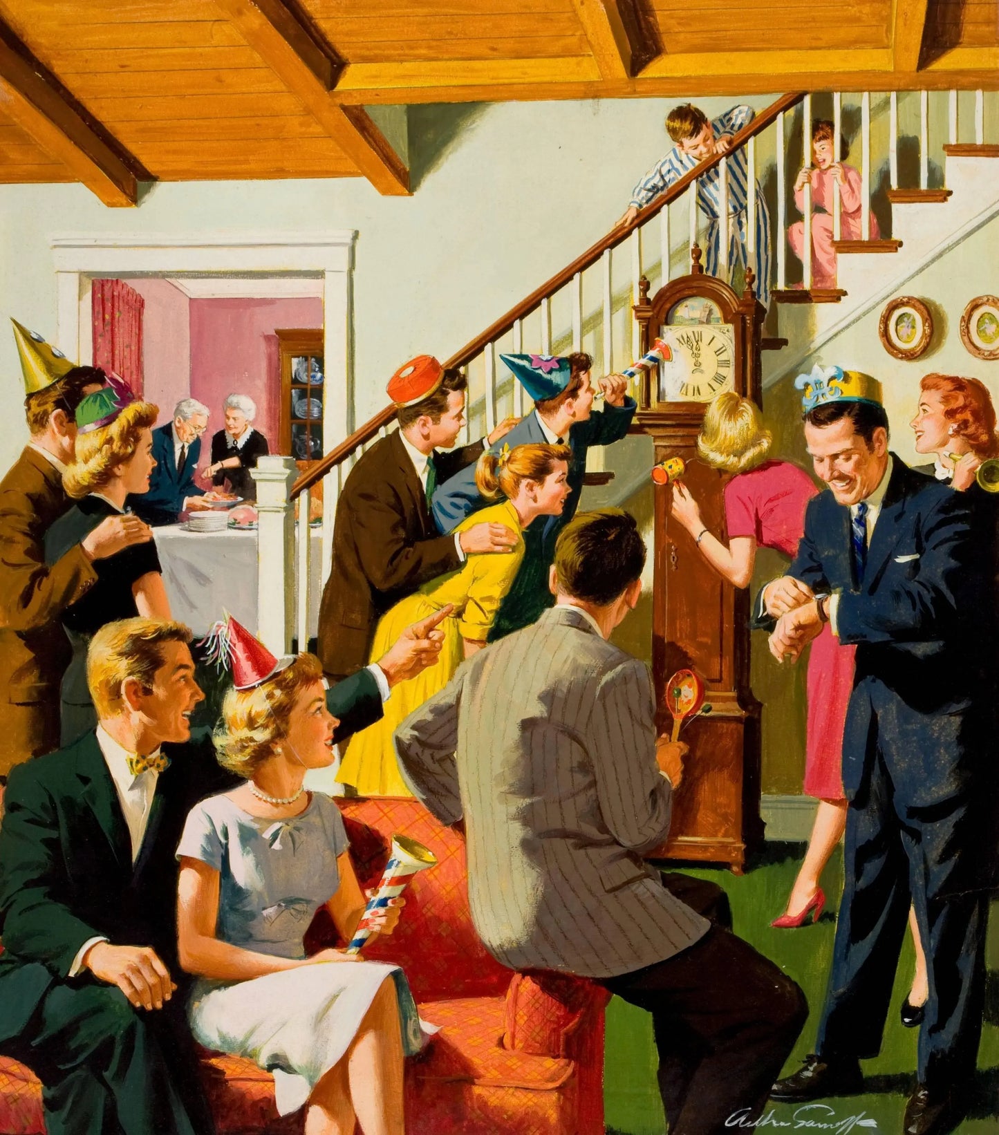 {{ product_title }} Fine Art Print | {{ product_vendor }} Jakero77 Arthur Sarnoff - Happy New Year's Party 1950s Signed - 17" x 22" Fine Art Print Art Print  Jakero77
