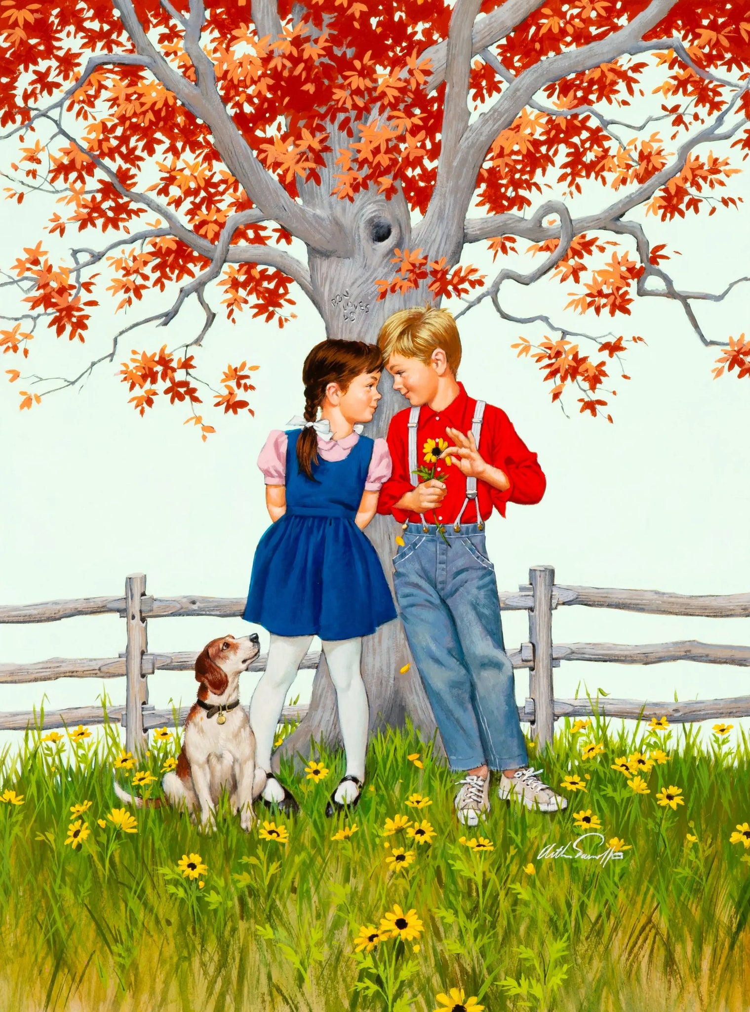 {{ product_title }} Fine Art Print | {{ product_vendor }} Jakero77 Arthur Sarnoff - He Loves Me, Children Puppy Love 1950s Signed - 17" x 22" Print Art Print  Jakero77