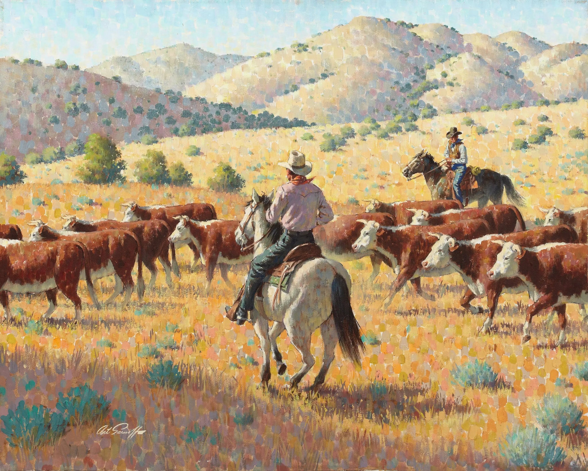 {{ product_title }} Fine Art Print | {{ product_vendor }} Jakero77 Arthur Sarnoff - Hereford Roundup Cattle Cowboys 1950s Signed - 17" x 22" Print Art Print  Jakero77