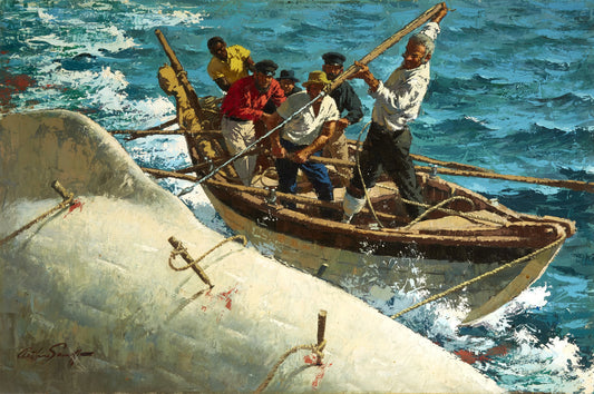 {{ product_title }} Fine Art Print | {{ product_vendor }} Jakero77 Arthur Sarnoff - Hook Oars and Standby Sailboat 1950s Signed - 17" x 22" Print Art Print  Jakero77