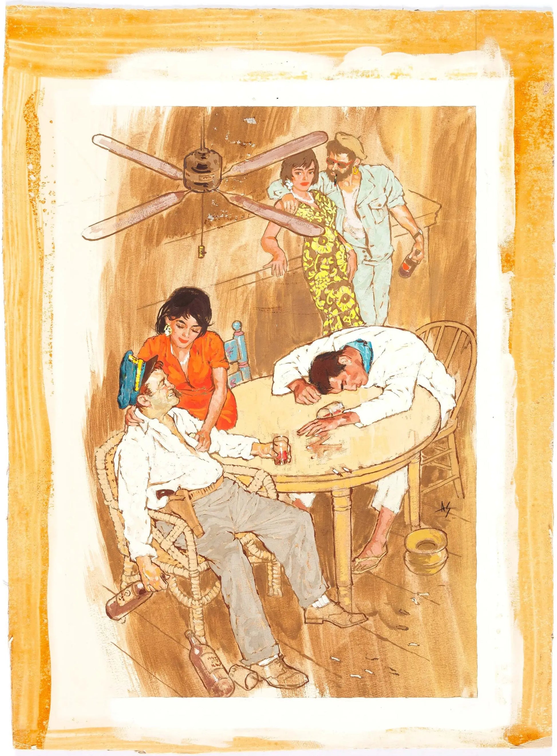 {{ product_title }} Fine Art Print | {{ product_vendor }} Jakero77 Arthur Sarnoff - Illustration for 'At Play in the Fields of the Lord' Bar Scene, Drunk Passed Out - 17"x22" Fine Art Print Art Print  Jakero77