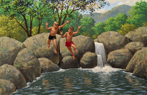 {{ product_title }} Fine Art Print | {{ product_vendor }} Jakero77 Arthur Sarnoff - Jump In, Kids Swimming in Watering Hole (1950s) Signed - 17" x 22" Fine Art Print Art Print  Jakero77