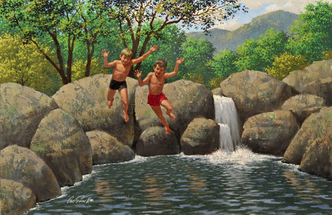 {{ product_title }} Fine Art Print | {{ product_vendor }} Jakero77 Arthur Sarnoff - Jump In, Kids Swimming in Watering Hole (1950s) Signed - 17" x 22" Fine Art Print Art Print  Jakero77
