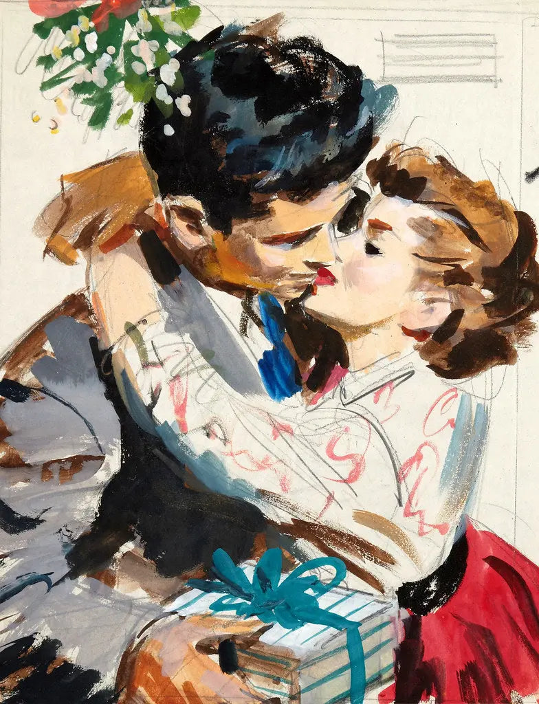 {{ product_title }} Fine Art Print | {{ product_vendor }} Jakero77 Arthur Sarnoff - Kiss Under Mistletoe 1950s Signed - 17" x 22" Fine Art Print Art Print  Jakero77