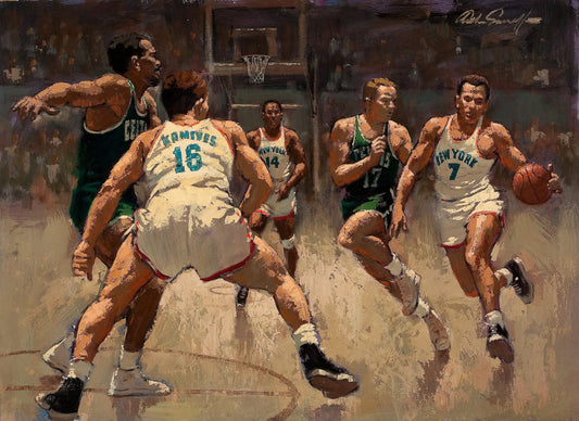 {{ product_title }} Fine Art Print | {{ product_vendor }} Jakero77 Arthur Sarnoff - Knicks vs Celtics Basketball 1960s Signed - 17" x 22" Art Print Art Print  Jakero77