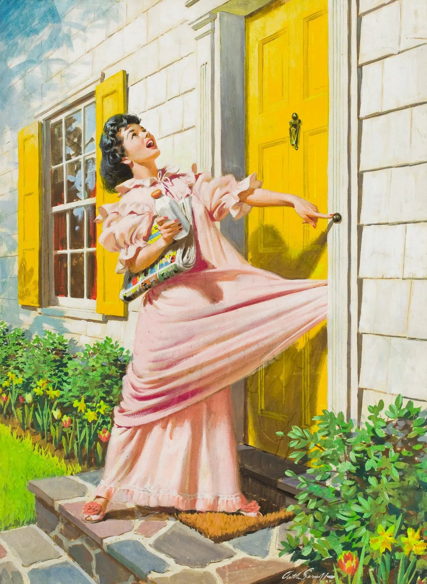 {{ product_title }} Fine Art Print | {{ product_vendor }} Jakero77 Arthur Sarnoff - Lady Locked Out of House Dress Caught in Door (1955) Signed - 17" x 22" Fine Art Print Art Print  Jakero77