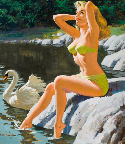 {{ product_title }} Fine Art Print | {{ product_vendor }} Jakero77 Arthur Sarnoff - Lady and the Swan Semi Nude 1960s Signed - 17" x 22" Art Print Art Print  Jakero77