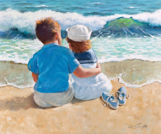 {{ product_title }} Fine Art Print | {{ product_vendor }} Jakero77 Arthur Sarnoff - Little Boy & Girl Seated on Beach 1950s Signed - 17"x22" Print Art Print  Jakero77
