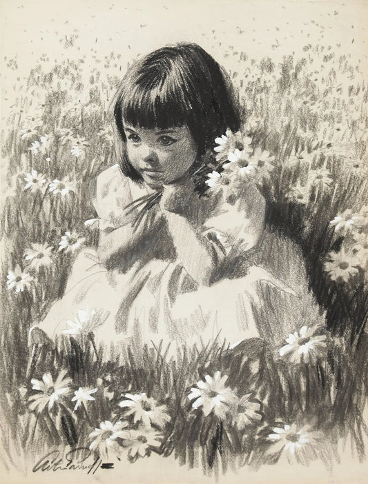 {{ product_title }} Fine Art Print | {{ product_vendor }} Jakero77 Arthur Sarnoff - Little Girl Picking Flowers 1940s Signed - 17" x 22" Art Print Art Print  Jakero77