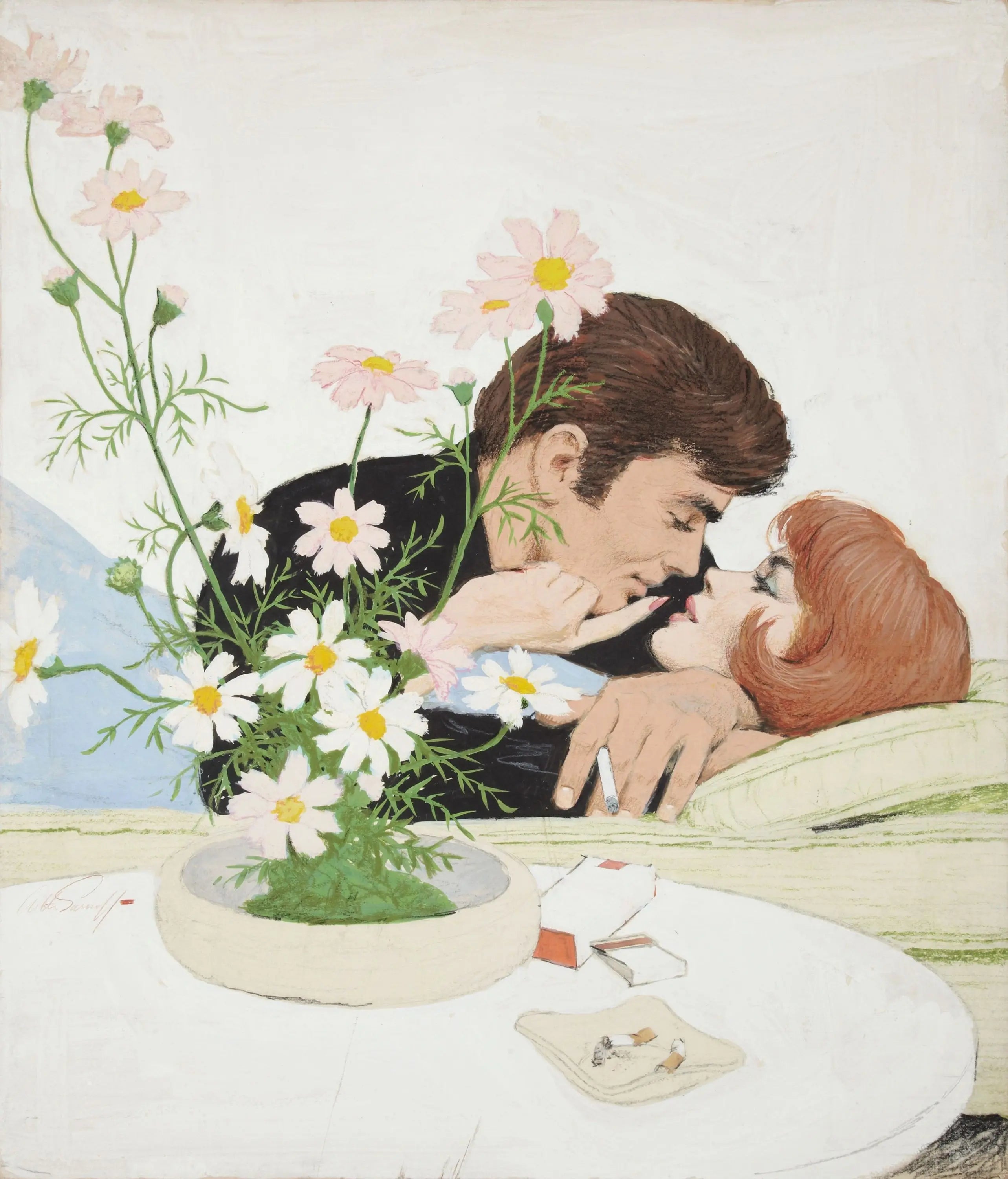 {{ product_title }} Fine Art Print | {{ product_vendor }} Jakero77 Arthur Sarnoff - Lovers Embrace on Couch 1960s Signed - 17" x 22" Fine Art Print Art Print  Jakero77