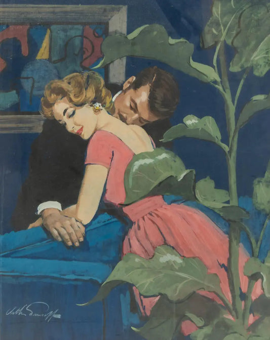 {{ product_title }} Fine Art Print | {{ product_vendor }} Jakero77 Arthur Sarnoff - Loving Couple Hug on Couch Romance 1950s Signed - 17"x22" Print Art Print  Jakero77