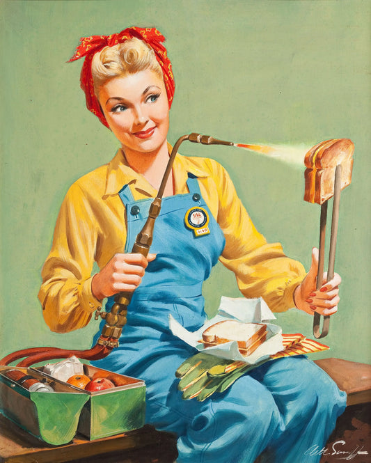 {{ product_title }} Fine Art Print | {{ product_vendor }} Jakero77 Arthur Sarnoff - Lunch Break Lady Welds Sandwich 1950s Signed - 17"x22" Art Print Art Print  Jakero77