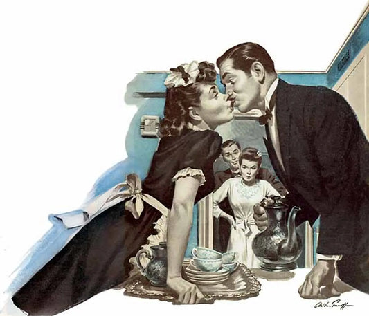 {{ product_title }} Fine Art Print | {{ product_vendor }} Jakero77 Arthur Sarnoff - Maid Caught Kissing Butler 1950s Signed - 17" x 22" Art Print Art Print  Jakero77