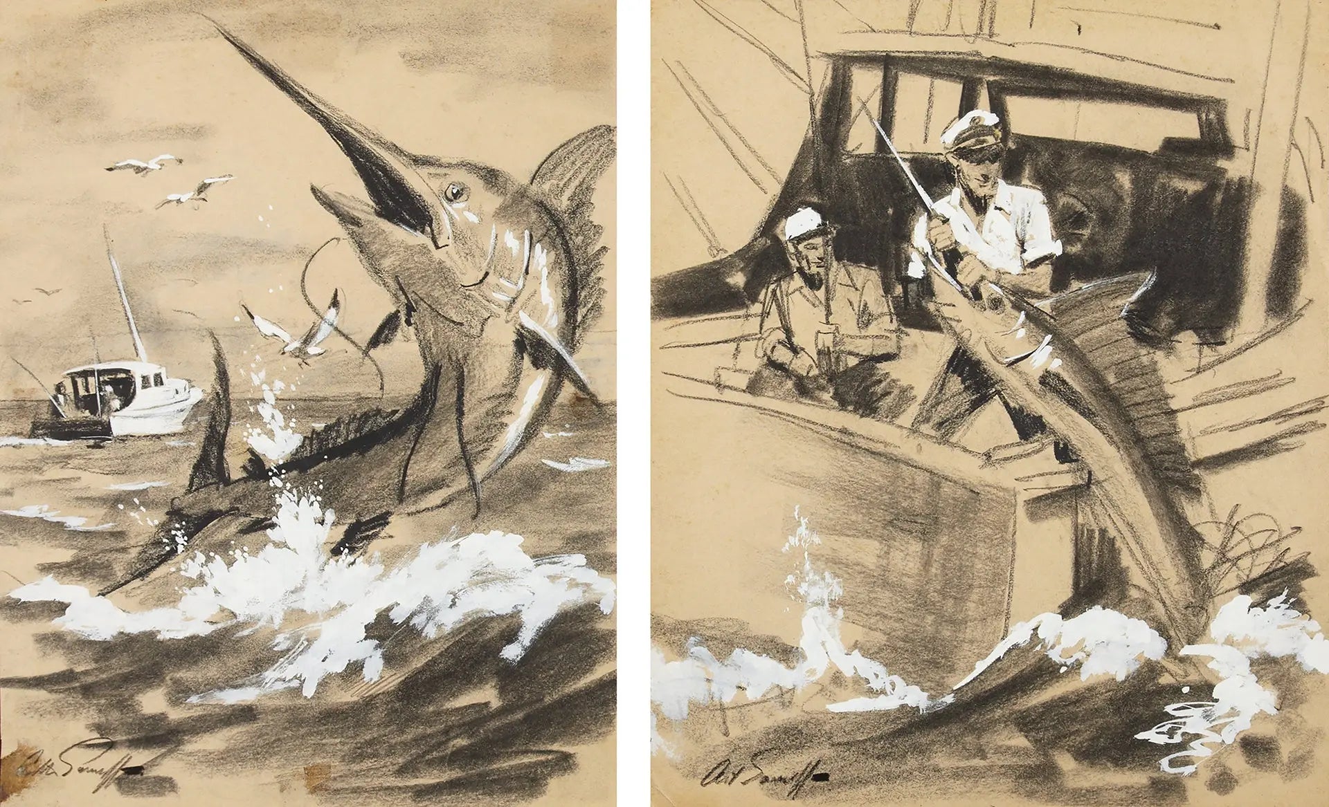 {{ product_title }} Fine Art Print | {{ product_vendor }} Jakero77 Arthur Sarnoff - Marlin Fishing Boat 1950s Signed - 17" x 22" Fine Art Print Art Print  Jakero77