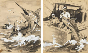 {{ product_title }} Fine Art Print | {{ product_vendor }} Jakero77 Arthur Sarnoff - Marlin Fishing Boat 1950s Signed - 17" x 22" Fine Art Print Art Print  Jakero77